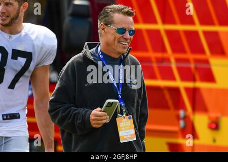 ABC 7 Sportreporter Curt Sandoval während des Trainingslagers am Donnerstag, 19. August 2021, in Thousand Oaks, Kalifornien (Dylan Stewart/Image of Sport) Stockfoto