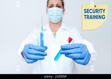 Textüberschrift mit einer Darstellung der Sicherheitsschulung. Geschäftskonzept, das Schulungen zum Sicherheitsbewusstsein für Endbenutzer zur Vorbereitung der Präsentation eines medizinischen Impfstoffs bietet Stockfoto