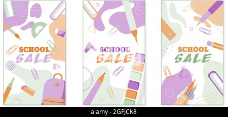 Back to School Verkauf Banner Konzept in pastellfarbenen flachen Stil, isoliert auf abstrakten bunten Hintergrund. Stock Vektor