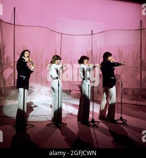 The Brotherhood of man, britische Pop Gruppe, Martin Lee, Sandra Stevens, Nicky Stevens, Lee Sheridan, Auftritt 1979. The Brotherhood of man, britische Popgruppe, Performance 1979. Stockfoto