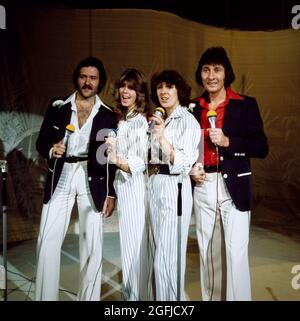 The Brotherhood of man, britische Pop Gruppe, Martin Lee, Sandra Stevens, Nicky Stevens, Lee Sheridan, Auftritt 1979. The Brotherhood of man, britische Popgruppe, Performance 1979. Stockfoto