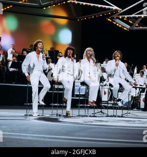 The Brotherhood of man, britische Pop Gruppe, Lee Sheridan, Nicky Stevens, Sandra Stevens, Martin Lee, Auftritt um 1981. The Brotherhood of man, britische Popgruppe, Performance um 1981. Stockfoto