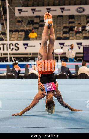 Melbourne, Australien. Dezember 2014. Casimir Schmidt aus den Niederlanden in Handstand-Position beim Weltcup-Gymnastik in Melbourne. (Foto: Alexander Bogatirev/SOPA Image/Sipa USA) Quelle: SIPA USA/Alamy Live News Stockfoto