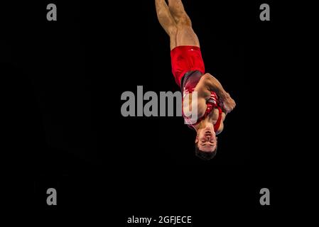 Melbourne, Australien. Dezember 2014. Ahmet Onder steht beim salto beim Weltcup-Gymnastik in Melbourne auf dem Kopf. (Foto: Alexander Bogatirev/SOPA Image/Sipa USA) Quelle: SIPA USA/Alamy Live News Stockfoto