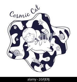 CAT Astronaut in Space Coloring Page. Handgezeichnet netter Druck mit fliegendem kosmischen Tier in Galaxie für Logo, Kinder Grafik-T-Shirts, Drucke, Aufkleber, Malbuch und Kinderzimmer-Dekor Stock Vektor