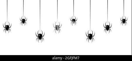 Schwarze Spinnen hängen Netz. Nahtloses Muster mit hängenden Spinnen. Gruseliger Hintergrund für Halloween isoliert auf weißem Hintergrund Stock Vektor