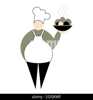 Koch in Uniform und Küchenhut. Chief-Cooker hält Gericht mit leckeren frischen Lebensmitteln. Kitchener mit weißer Schürze. Isolierter professioneller Koch für Restaurant Stock Vektor