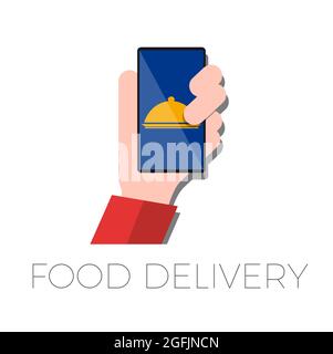 Abdeckung der Dome-Platte und des Smartphones. Lieferung von Lebensmitteln. Vektorlogo Stock Vektor