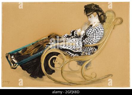 Jacques Joseph Tissot (James Tissot), Zeichnung, Junge Frau in einem Schaukelstuhl, Arbeitszimmer für das Gemälde 'der letzte Abend', um 1873 Stockfoto