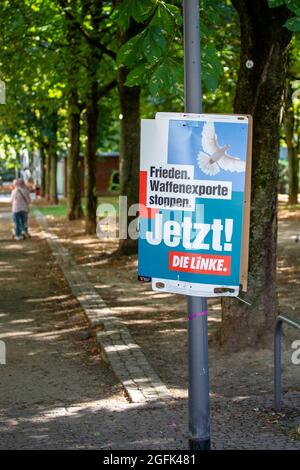 Wiesbaden, Deutschland - 25. August 2021: Wahlkampfplakat der linken in der Innenstadt von Wiesbaden, Hessen. DIE linke, auch Linkspartei genannt, ist eine demokratische sozialistische politische Partei in Deutschland. Sie ist die linkseste der sechs im Bundestag vertretenen Parteien. Deutschland steht am 26. September vor Bundestagswahlen. Stockfoto