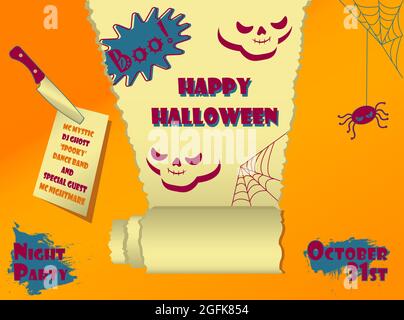 Happy Halloween Party Poster mit realistischem Papier gerollte Schriftrolle Typografie Spinne und scull auf einem gelben Hintergrund Stock Vektor