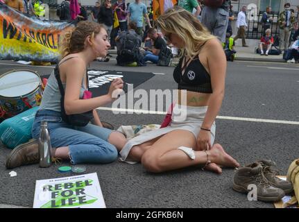 Eine Aktivistin, die ihren Körper während der Demonstration malen ließ. Klimaaktivisten von Extinction Rebellion demonstrieren in der Parliament Street. Stockfoto