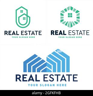 Immobilien-Logo mit Home Building Linie Vektor-Design Stock Vektor