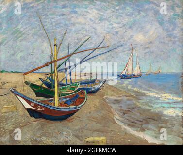 Vincent van Gogh – Fischerboote am Strand von Saintes-Maries (1888) berühmte Landschaftsmalerei. Stockfoto