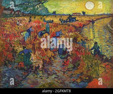 Vincent van Gogh – der rote Weinberg (1888) berühmte Landschaftsmalerei. Stockfoto