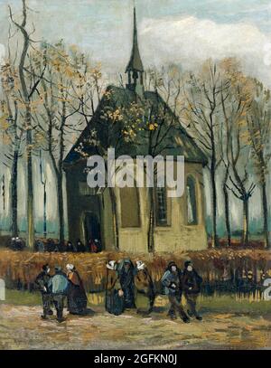 Vincent van Gogh – Kongregation verlässt die reformierte Kirche in Nuenen (1884) berühmtes Gemälde. Stockfoto