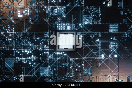 Stromkreise und Elektrizität mit schwarzem Hintergrund, 3d-Rendering. Digitale Zeichnung des Computers. Stockfoto