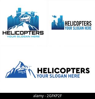 Reise Urlaub Transport mit Hubschrauber Berg und Skyline Logo Design Stock Vektor