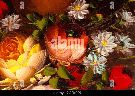 Abschluss eines Fragments von Ölgemälde, das Stillleben von Blumen in der Vase darstellt. Makro-Impasto-Malerei. Stockfoto