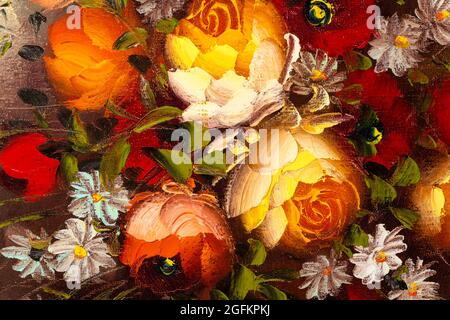 Abschluss eines Fragments von Ölgemälde, das Stillleben von Blumen in der Vase darstellt. Makro-Impasto-Malerei.