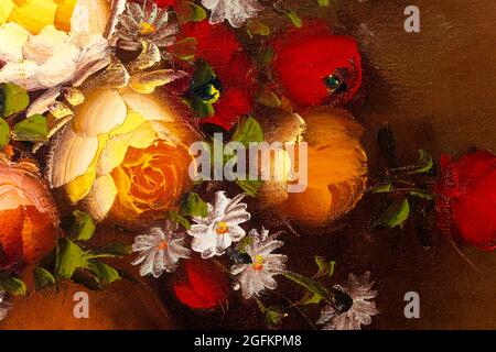 Abschluss eines Fragments von Ölgemälde, das Stillleben von Blumen in der Vase darstellt. Makro-Impasto-Malerei.