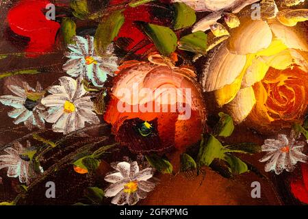 Abschluss eines Fragments von Ölgemälde, das Stillleben von Blumen in der Vase darstellt. Makro-Impasto-Malerei. Stockfoto