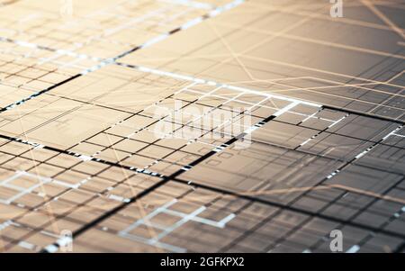 Stromkreise und Elektrizität mit schwarzem Hintergrund, 3d-Rendering. Digitale Zeichnung des Computers. Stockfoto