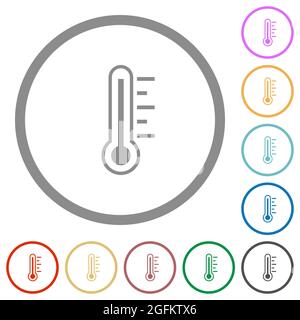 Flache Farbsymbole für die Temperatur des Thermometers in runden Umrissen auf weißem Hintergrund Stock Vektor