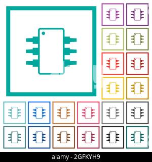 Integrierte Schaltung alternative Version flache Farbsymbole mit Quadranten Rahmen auf weißem Hintergrund Stock Vektor