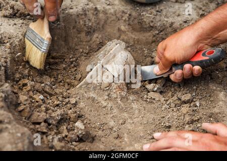 Archäologische Ausgrabungen, Archäologen arbeiten, graben ein altes Tonartefakt mit speziellen Werkzeugen im Boden Stockfoto