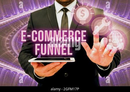 Handschriftenschild E Commerce Trichter. Business Showcase ein Tool zur Optimierung der Benutzerfreundlichkeit der Online-Assets man in Office Uniform Standing Stockfoto