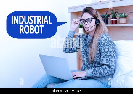 Schild mit Anzeige des Industrieroboters. Business-Schaufenster Roboter-Mechanismus bei der Herstellung von Produkten verwendet Student Learning New Things Online, Casual Stockfoto