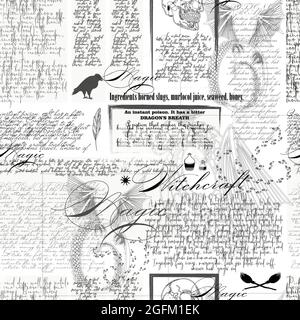 Nahtloses Muster mit Kritzeleien, die handschriftlichen Text auf einer Zeitungsseite mit Skizzen und Blots imitieren. Abstrakter, sich wiederholender Hintergrund. Geeignet für Wand Stock Vektor