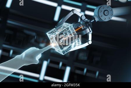 Roboterarm und intelligenter Finger, 3d-Rendering. Digitale Zeichnung des Computers. Stockfoto