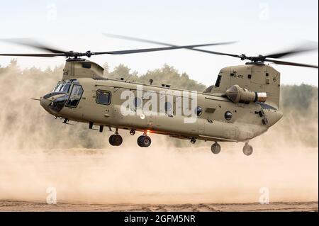 Eine Boeing CH-47F Chinook Transporthubschrauber der Royal Netherlands Air Force Training auf der GLV5 Low Flying Aera. Stockfoto