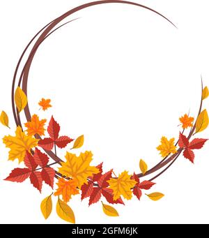 Runder Rahmen mit orangefarbenen und gelben Ahornblättern. Heller Herbstkranz mit Geschenken der Natur und Ästen mit leerem Platz für Text Stock Vektor