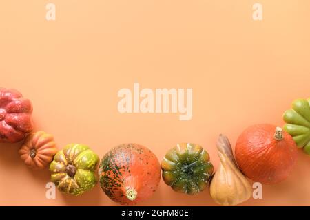 Viele Kürbisse als Grenze auf orangefarbenem Hintergrund für Thanksgiving-Tag oder fröhliche Halloween-Party. Blick von oben. Stockfoto