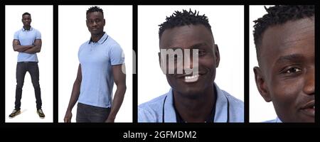 Blick auf den Mann vom Vollportrait bis zum Gesichtsdetail auf weißem Hintergrund Stockfoto