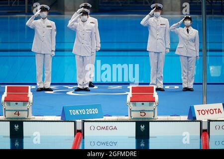 Tokio, Japan. August 2021. Paralympics: Paraschwimmen, Tokyo Aquatics Center. Preisverleihung. Kredit: Marcus Brandt/dpa/Alamy Live Nachrichten Stockfoto