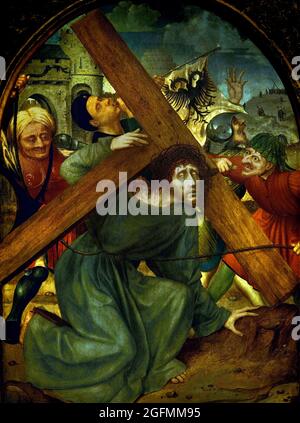 Christus, der das Kreuz trägt, 1510 - 1515, Quinten Massijs, Öl auf Tafel, 83×59 cm, (Hier malt Massijs, ein führender Künstler im frühen Antwerpen des 16. Jahrhunderts, ein intensives Bild des Leidens Jesu. Jesus erscheint nahe am Vordergrund und verbindet sich fast greifbar mit dem Betrachter: Blutig und verneigte sich unter dem Gewicht des Kreuzes. Diese eindringliche Darstellung half den Anbetern, sich in den Schmerz Jesu einzufühlen. Niederländisch, Niederlande .) Stockfoto