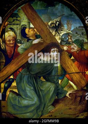 Christus, der das Kreuz trägt, 1510 - 1515, Quinten Massijs, Öl auf Tafel, 83×59 cm, (Hier malt Massijs, ein führender Künstler im frühen Antwerpen des 16. Jahrhunderts, ein intensives Bild des Leidens Jesu. Jesus erscheint nahe am Vordergrund und verbindet sich fast greifbar mit dem Betrachter: Blutig und verneigte sich unter dem Gewicht des Kreuzes. Diese eindringliche Darstellung half den Anbetern, sich in den Schmerz Jesu einzufühlen. Niederländisch, Niederlande .) Stockfoto