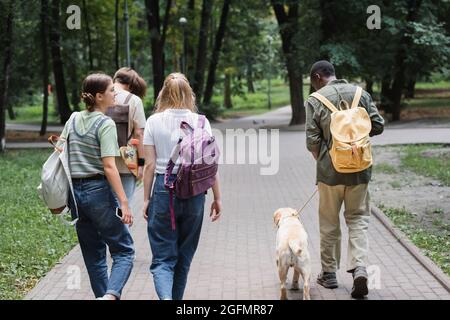 Multiethnische Teenager mit Rucksäcken und Retriever, die im Park spazieren Stockfoto