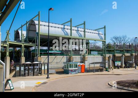 Boston Metro MBTA Green Line Riverside Terminal Station, Newton, Massachusetts, USA. Stockfoto