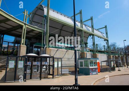 Boston Metro MBTA Green Line Riverside Terminal Station, Newton, Massachusetts, USA. Stockfoto