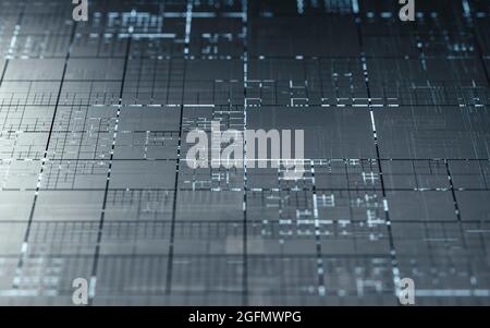 Stromkreise und Elektrizität mit schwarzem Hintergrund, 3d-Rendering. Digitale Zeichnung des Computers. Stockfoto