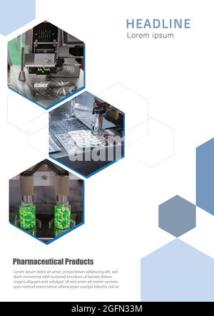 Vorlage für die Pharmaindustrie im Format A4. Medizinische Medikamentenkapsel Produktion Fabrik Geschäftsbericht Broschüre Buchcover und Broschüre. Stock Vektor