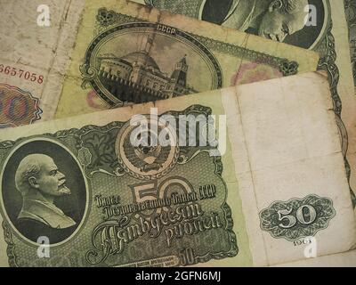 Top-Schuss einer alten sowjetischen fünfzig Rubel Banknote Stockfoto