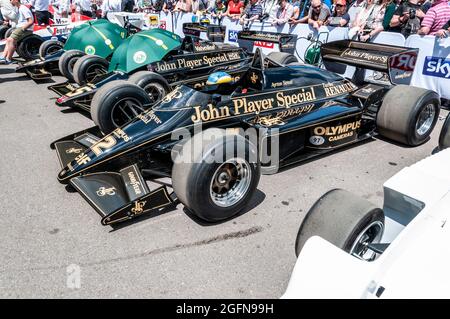 Ayrton Senna schwarzer Lotus 97T John Player Special Formel-1-Grand-prix-Rennwagen beim Goodwood Festival of Speed. Lotus Rennwagen des Classic Team Lotus Stockfoto