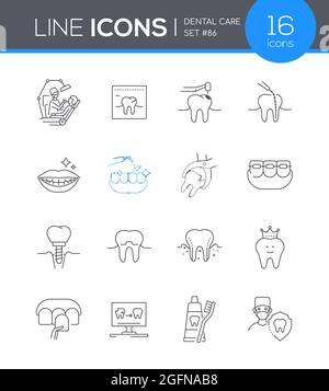 Zahnpflege - moderne Linie Design Stil Icon-Set. Mundhöhle richtige Pflege Zusammenstellung. Schönes Lächeln, Zahnspangen, Karies, Überprüfung des Zahnzustands, Wunde Stock Vektor