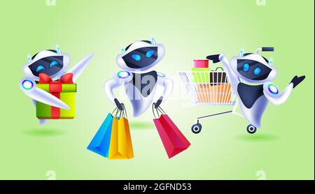 Set Roboter halten Einkaufstaschen und Geschenke Sonderangebot Shopping Verkauf künstliche Intelligenz Konzept Stock Vektor